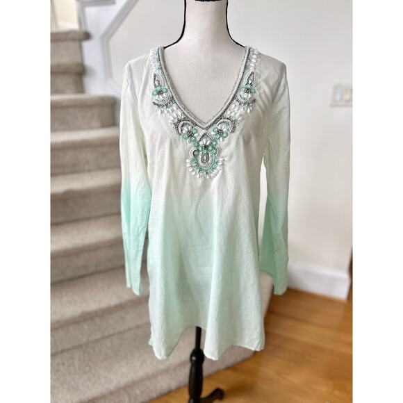 Malvin White Mint Green Ombre Beaded Cotton Long Line Tunic - Picture 1 of 8
